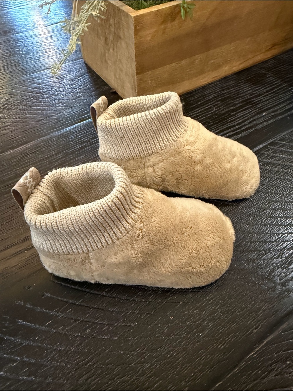UGG Beige Plush Knit-Cuff Slip-On Kids Slippers